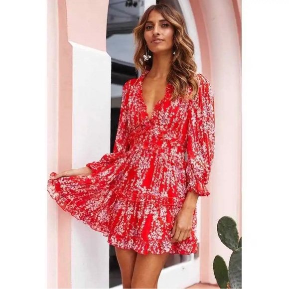 NEW Jenny Boston Boutique Red Floral Open Back Ruffle Chiffon Dress Size XS - Picture 2 of 5